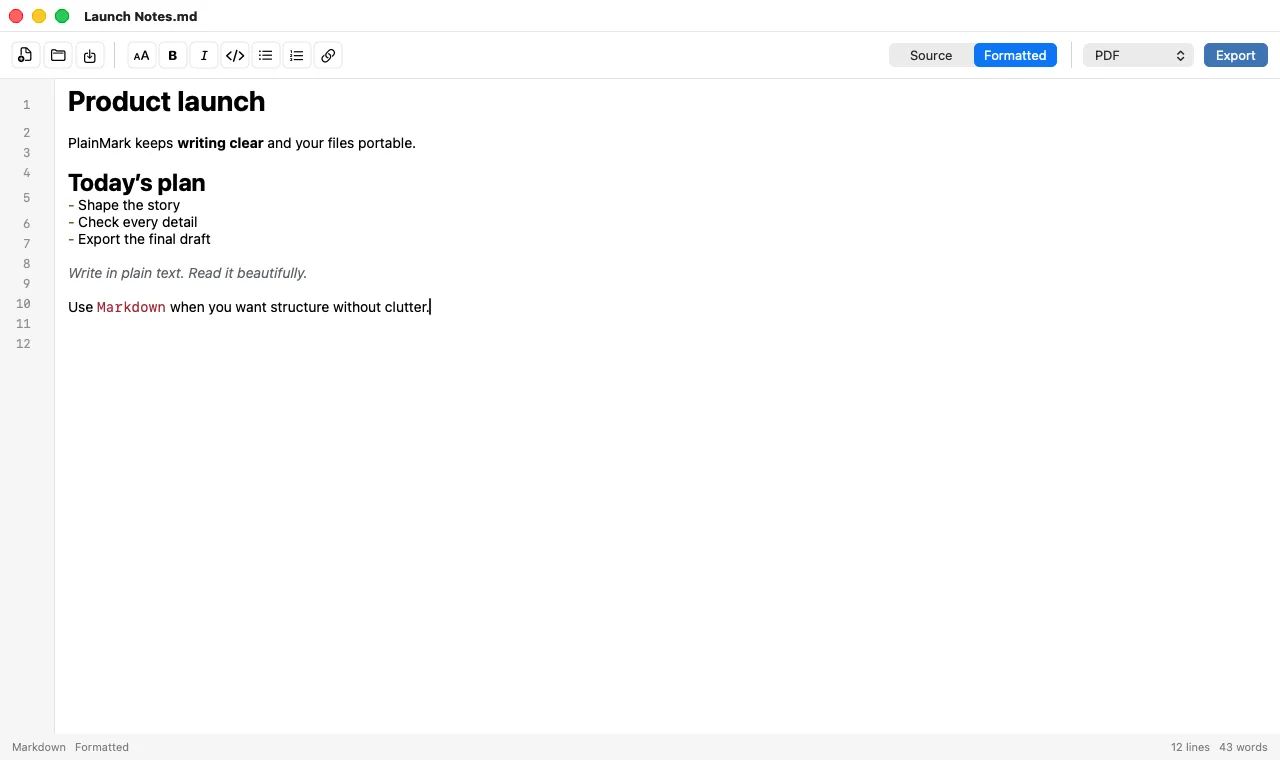 Exporting Markdown to PDF in PlainMark Editor, a Markdown editor for Mac
